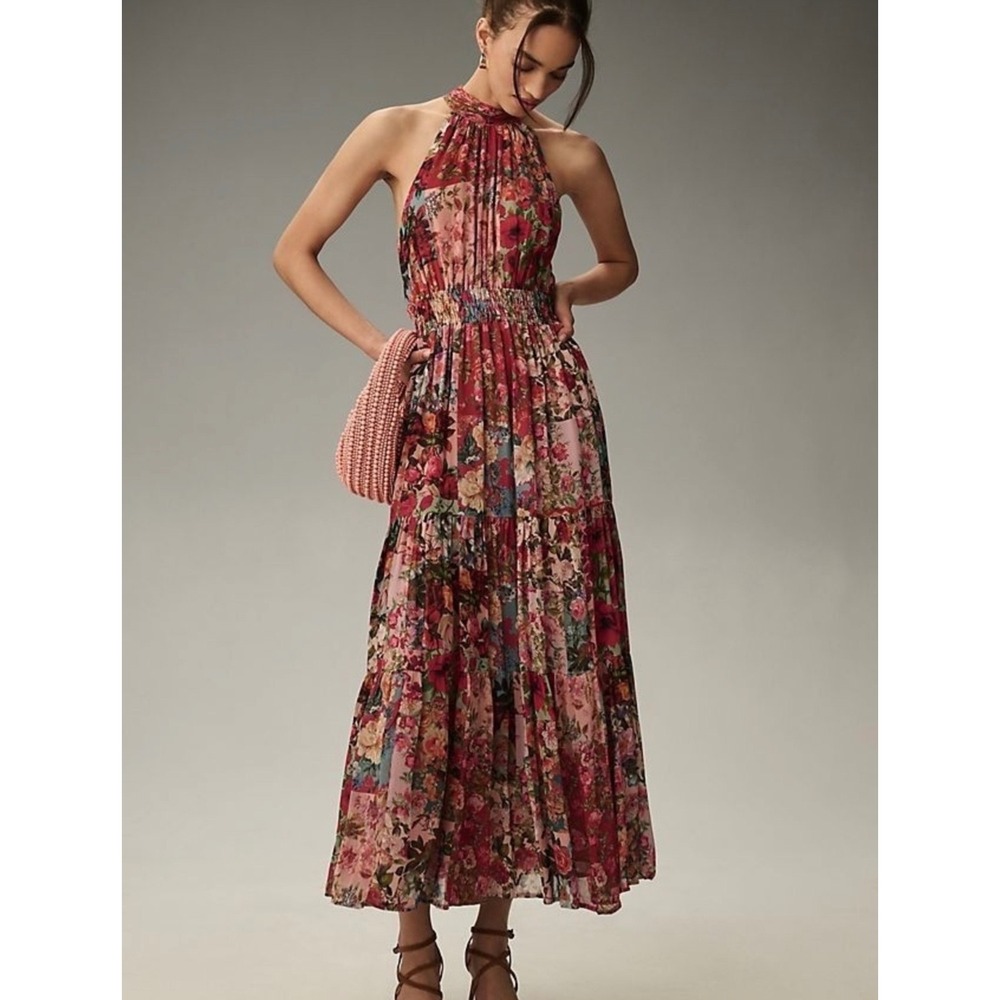 New Anthropologie Somerset Halter Maxi Dress Floral Patchwork Smocked Tiered Red
